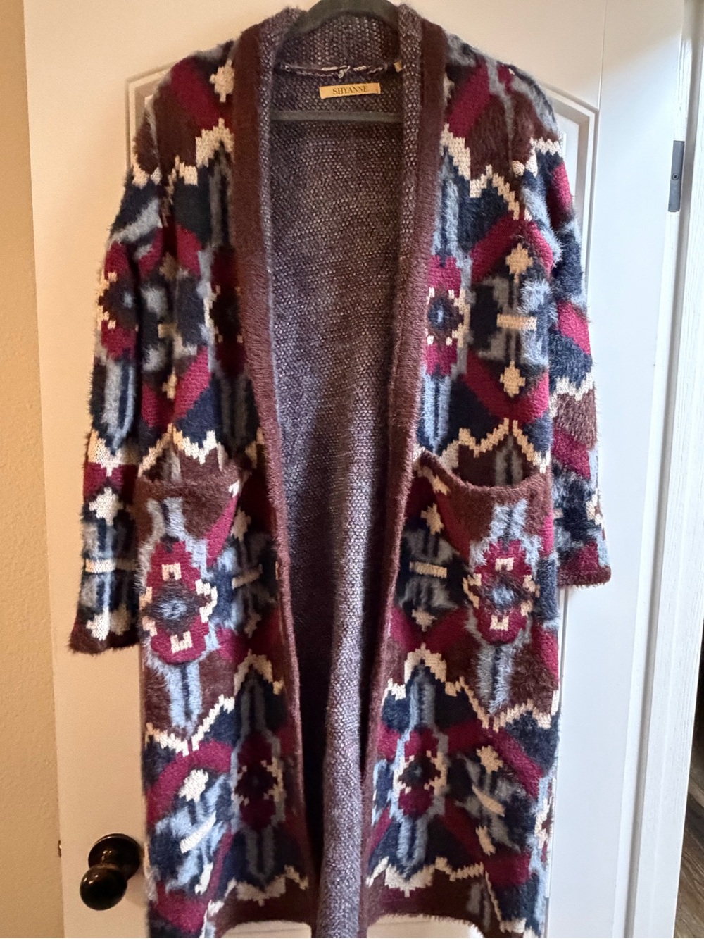 Shyanne Southwestern Geometric Fuzzy Long Duster Cardigan XS